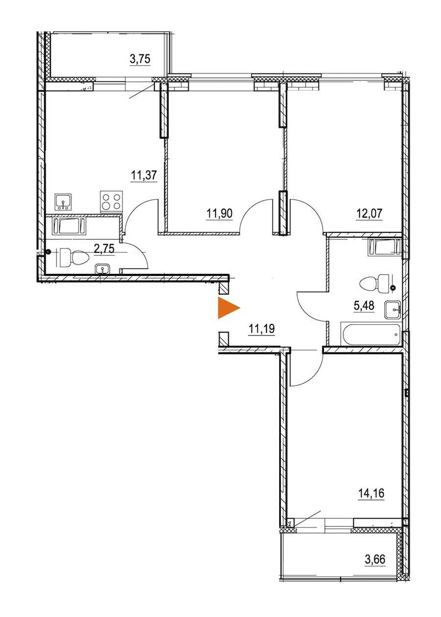 Трехкомнатная квартира в : площадь 72.63 м2 , этаж: 13 – купить в Санкт-Петербурге